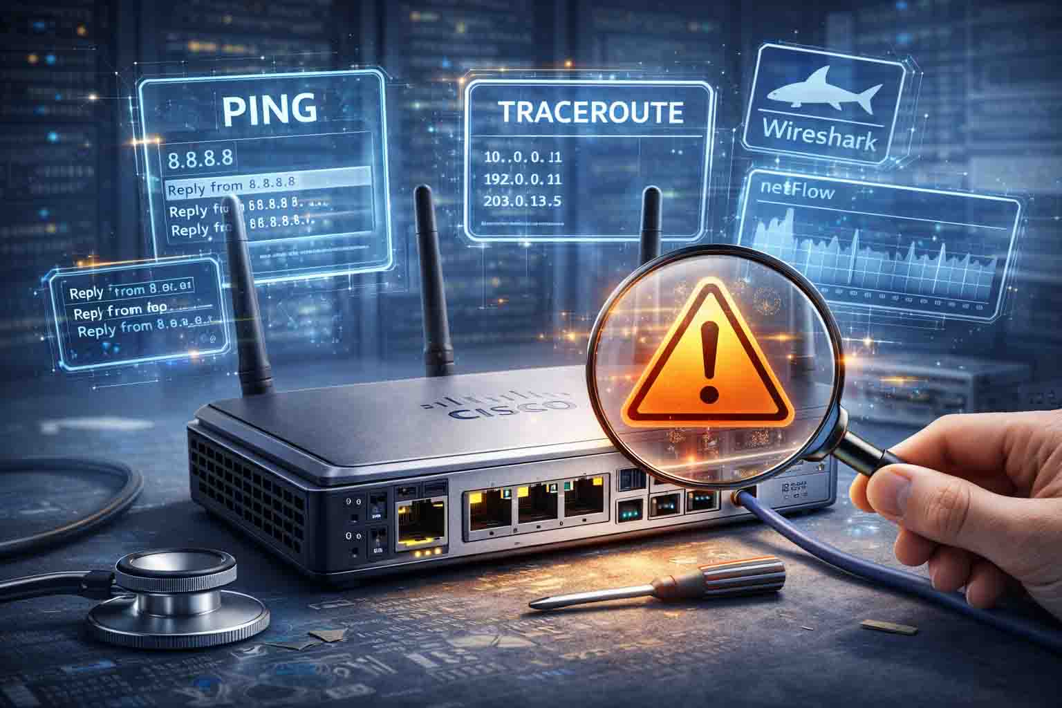 ابزارهای مختلف عیب‌یابی برای روتر، شامل دستوراتی مانند Ping و Traceroute که برای تست سلامت روتر استفاده می‌شوند