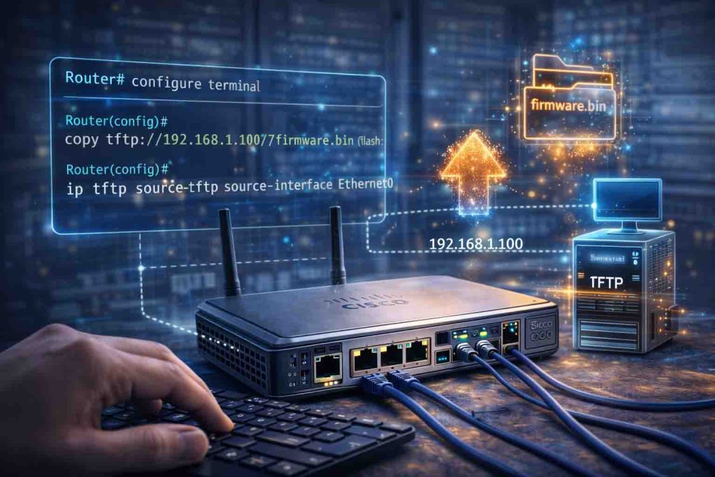 نمایی از مراحل راه‌اندازی TFTP در روتر سیسکو با استفاده از دستورات CLI برای انتقال فایل‌ها بین روتر و سرور.