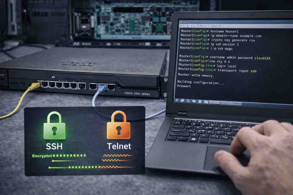 آموزش فعال‌سازی SSH در روتر سیسکو به‌صورت عملی با نمایش دستورات و مراحل پیکربندی SSH.