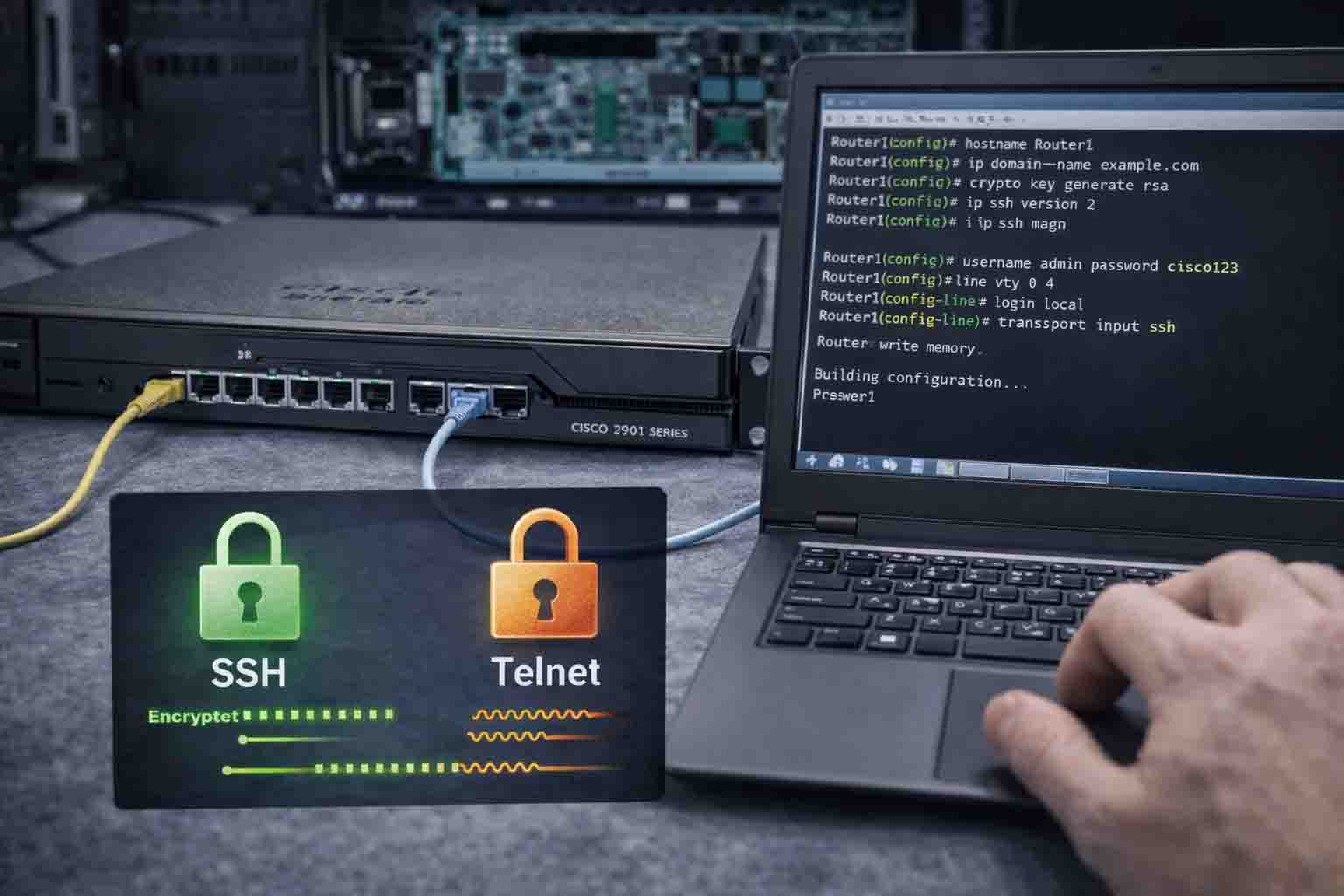 آموزش فعال‌سازی SSH در روتر سیسکو به‌صورت عملی با نمایش دستورات و مراحل پیکربندی SSH.