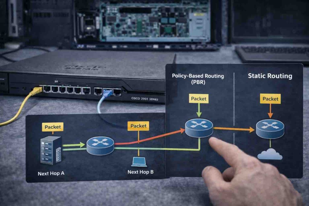 مقایسه پیکربندی Policy-Based Routing (PBR) در روتر سیسکو با مسیریابی ایستا (Static Routing)