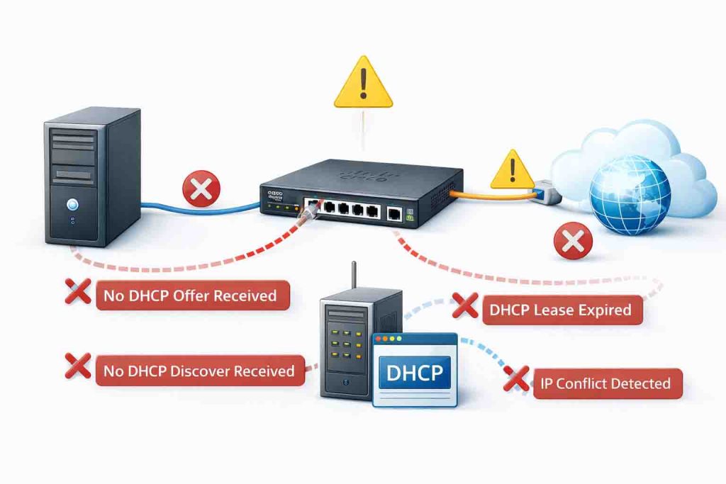نمودار دو‌بعدی که مشکلات رایج DHCP در روترهای سیسکو را نشان می‌دهد، از جمله ارورهای پیکربندی، مشکلات DHCP Discover و Offer، و نحوه رفع آن‌ها