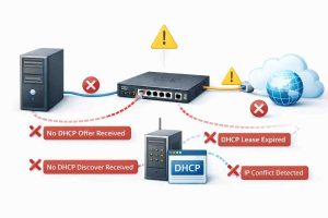 نمودار دوبعدی که مشکلات رایج DHCP در روترهای سیسکو را نشان میدهد، از جمله ارورهای پیکربندی، مشکلات DHCP Discover و Offer، و نحوه رفع آنها