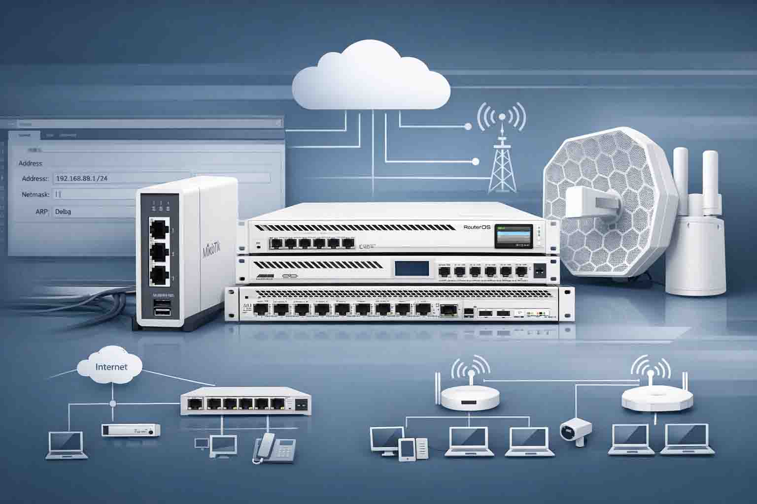 دستگاه‌های شبکه MikroTik شامل روتر RouterBOARD hAP ac و دیاگرام توپولوژی شبکه