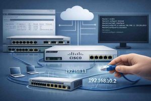 پیکربندی پورتهای روتر و سوئیچ سیسکو با تنظیم IP آدرسها و مسیریابی بین VLANها.