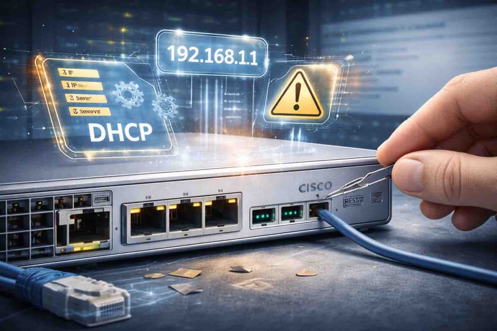 تصویری از روتر سیسکو با تنظیمات DHCP و IP که به‌طور دقیق پیکربندی شده است، نشان‌دهنده مراحل ریست کردن و پاک کردن تنظیمات.