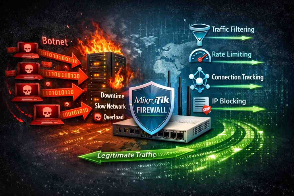 تصویری دیجیتال از مبارزه با حملات DDoS با استفاده از فایروال میکروتیک، نشان‌دهنده بات‌نت و تدابیر امنیتی مانند فیلتر ترافیک و مسدود کردن IP.