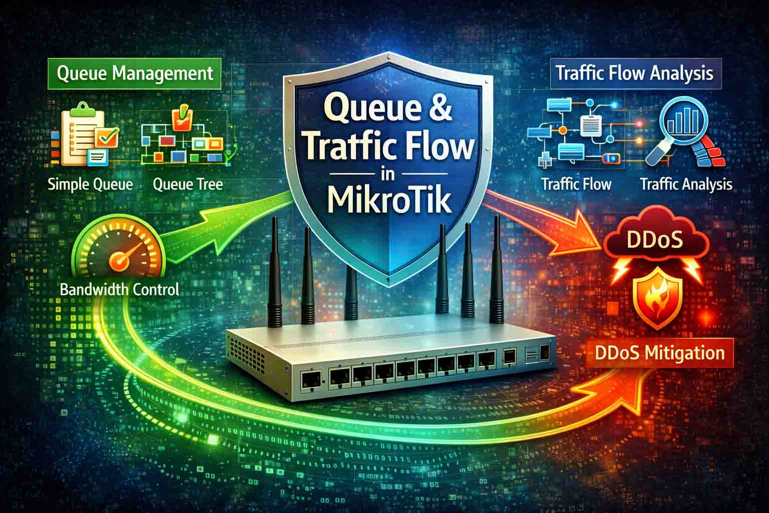 تصویری دیجیتال از مدیریت Queue و Traffic Flow در میکروتیک، با نمایش بخش‌های مدیریت پهنای باند و مقابله با DDoS.