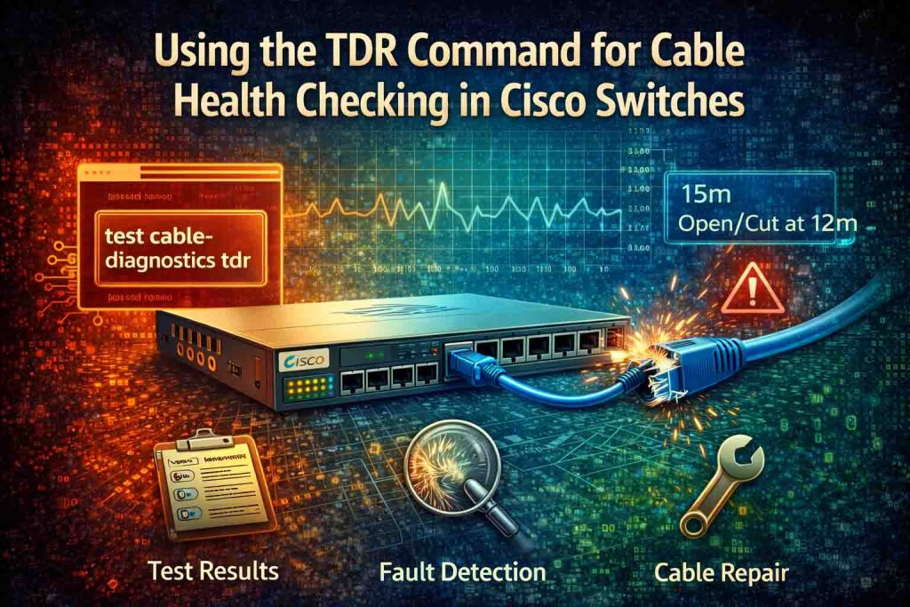 تصویری دیجیتال آموزشی که استفاده از دستور TDR برای بررسی سلامت کابل در سوئیچ‌های Cisco را نشان می‌دهد. این تصویر فرآیند تست کابل، شناسایی مشکلات و محل آسیب‌ها را با آیکون‌ها و فلش‌های مشخص نمایش می‌دهد.
