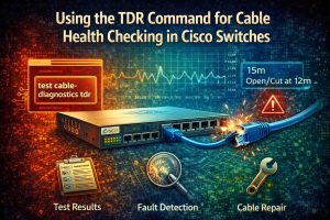 تصویری دیجیتال آموزشی که استفاده از دستور TDR برای بررسی سلامت کابل در سوئیچهای Cisco را نشان میدهد. این تصویر فرآیند تست کابل، شناسایی مشکلات و محل آسیبها را با آیکونها و فلشهای مشخص نمایش میدهد.