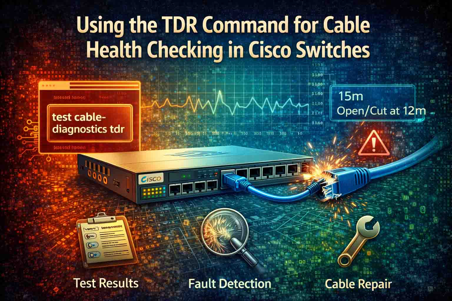 تصویری دیجیتال آموزشی که استفاده از دستور TDR برای بررسی سلامت کابل در سوئیچ‌های Cisco را نشان می‌دهد. این تصویر فرآیند تست کابل، شناسایی مشکلات و محل آسیب‌ها را با آیکون‌ها و فلش‌های مشخص نمایش می‌دهد.