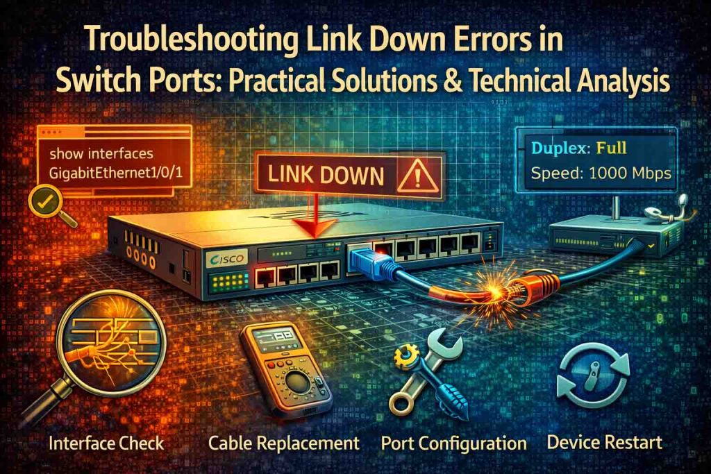 تصویری دیجیتال که فرآیند رفع خطای Link Down در پورت‌های سوئیچ را با نمایش مشکلات کابل، پیکربندی نادرست و رفع آن‌ها نشان می‌دهد.