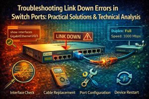 تصویری دیجیتال که فرآیند رفع خطای Link Down در پورتهای سوئیچ را با نمایش مشکلات کابل، پیکربندی نادرست و رفع آنها نشان میدهد.