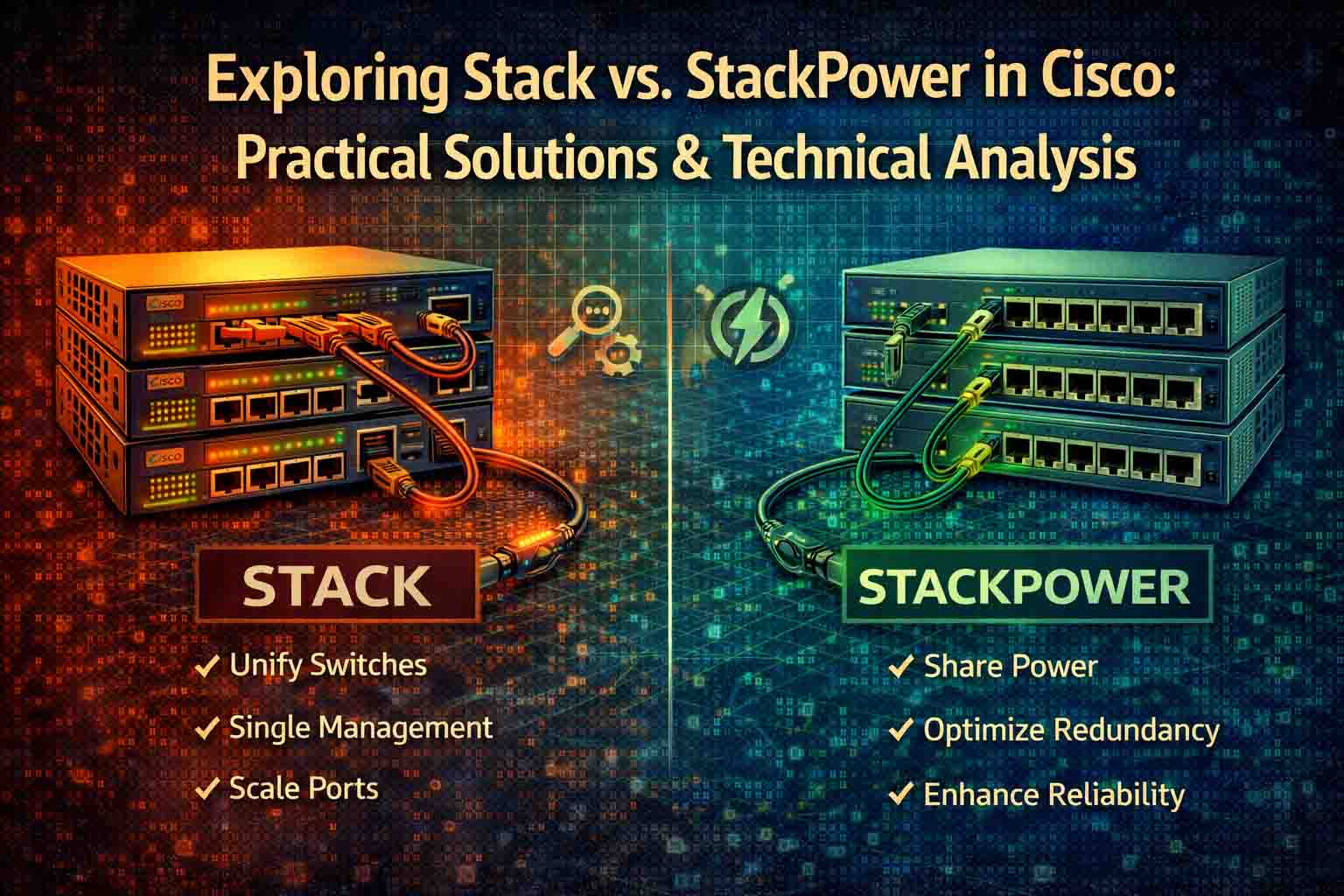 تصویری دیجیتال که تفاوت‌های بین Stack و StackPower در سوئیچ‌های Cisco را از نظر عملکرد، مقیاس‌پذیری و مدیریت منابع برق مقایسه می‌کند.