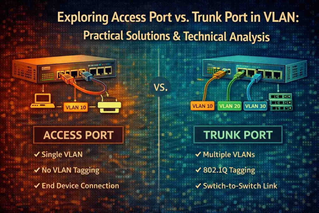 تصویری دیجیتال که تفاوت‌های بین Access Port و Trunk Port در شبکه‌های VLAN را از جنبه‌های مختلف مانند کاربرد و پیکربندی مقایسه می‌کند.
