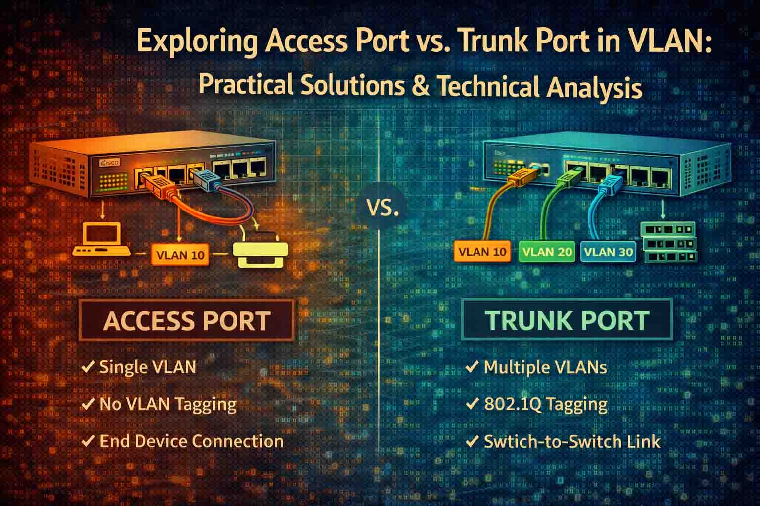 تصویری دیجیتال که تفاوت‌های بین Access Port و Trunk Port در شبکه‌های VLAN را از جنبه‌های مختلف مانند کاربرد و پیکربندی مقایسه می‌کند.