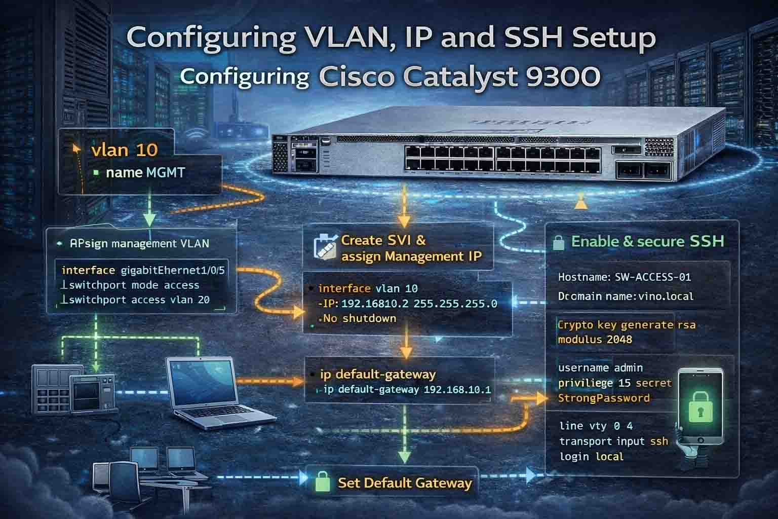 پیکربندی VLAN، IP مدیریتی و SSH در سوئیچ Cisco Catalyst 9300
