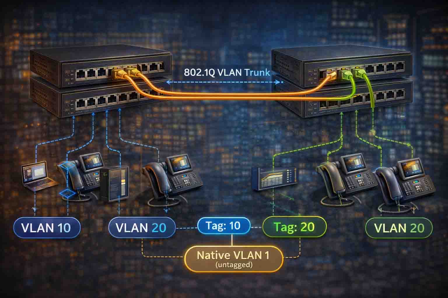 نحوه برقراری و عملکرد لینک Trunk بین سوئیچ‌ها برای عبور چند VLAN