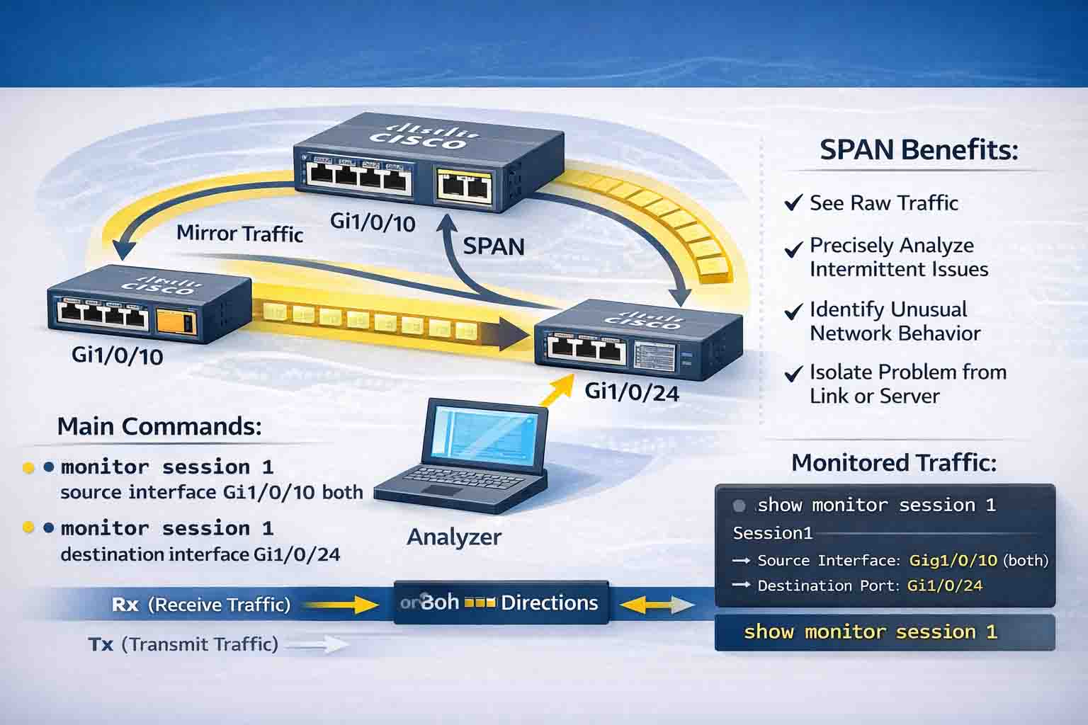 آموزش مانیتور کردن پورت‌های سوئیچ سیسکو با SPAN و مسیر کپی ترافیک