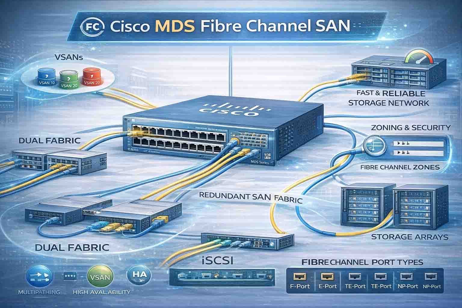 نمای کلی معماری Fibre Channel و نقش سوئیچ‌های Cisco MDS در Fabric ذخیره‌سازی دیتاسنتر