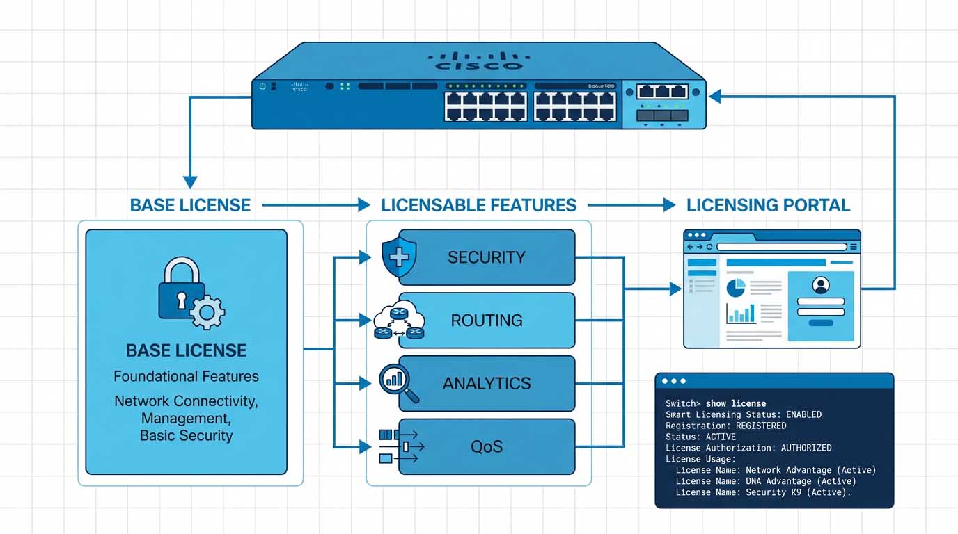 تحلیل ساختار و منطق لایسنس‌ها در Cisco IOS XE و تأثیر آن‌ها بر رفتار سوئیچ