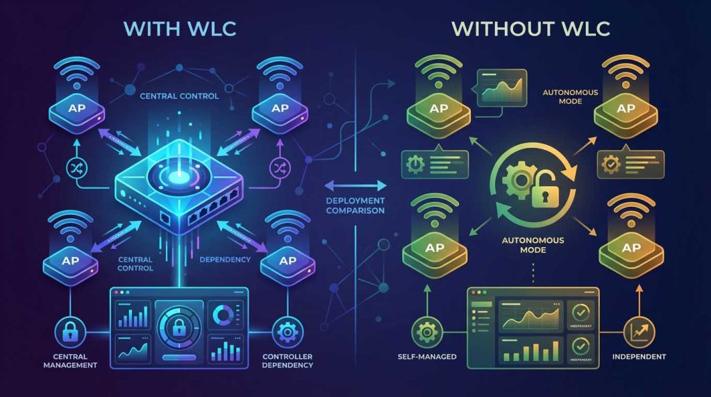 بررسی امکان راهاندازی اکسس پوینتهای سیسکو بدون کنترلر مرکزی (WLC) و تحلیل مزایا، محدودیتها و سناریوهای عملی در شبکههای کوچک، متوسط و سازمانی.