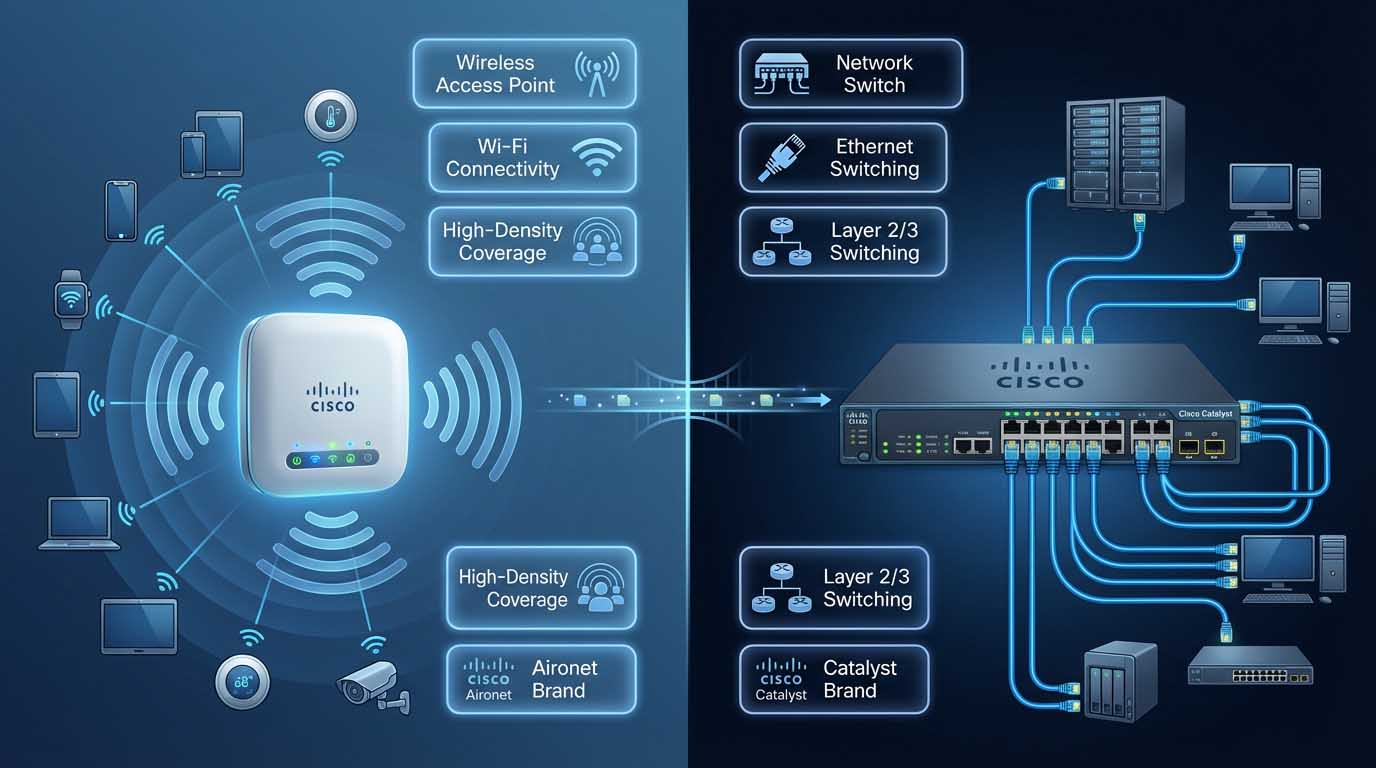 مقایسه تخصصی سری Cisco Aironet و Cisco Catalyst، بررسی ویژگی‌ها، کاربردها و سناریوهای عملی برای محیط‌های Indoor، Outdoor و پرتراکم، همراه با تحلیل مهندسی و تجربه واقعی شبکه‌های سازمانی.