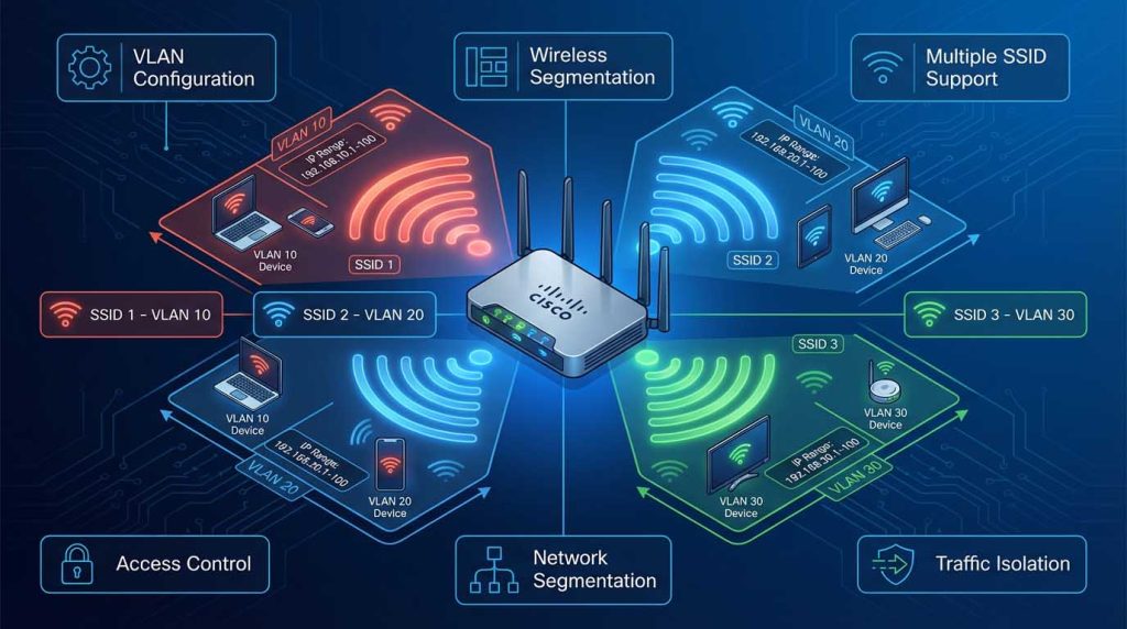 راهنمای تخصصی راهاندازی VLAN و Multiple SSID روی اکسس پوینتهای سیسکو، شامل پیکربندی مهندسی، اتصال به سوئیچ و کنترلر، مدیریت پهنای باند و امنیت شبکه در محیطهای پرتراکم و سازمانی.