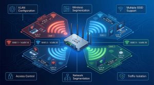 راهنمای تخصصی راهاندازی VLAN و Multiple SSID روی اکسس پوینتهای سیسکو، شامل پیکربندی مهندسی، اتصال به سوئیچ و کنترلر، مدیریت پهنای باند و امنیت شبکه در محیطهای پرتراکم و سازمانی.