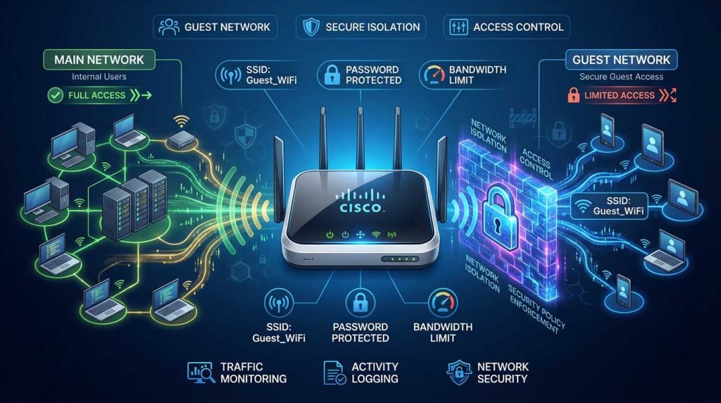 راهنمای جامع پیادهسازی Guest Network ایمن روی اکسس پوینتهای Cisco، شامل طراحی VLAN و Multiple SSID، مدیریت پهنای باند، کنترل دسترسی کاربران مهمان و تضمین امنیت شبکه وایرلس سازمانی.