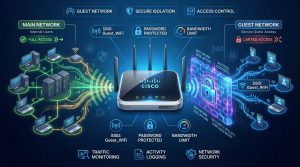 راهنمای جامع پیادهسازی Guest Network ایمن روی اکسس پوینتهای Cisco، شامل طراحی VLAN و Multiple SSID، مدیریت پهنای باند، کنترل دسترسی کاربران مهمان و تضمین امنیت شبکه وایرلس سازمانی.