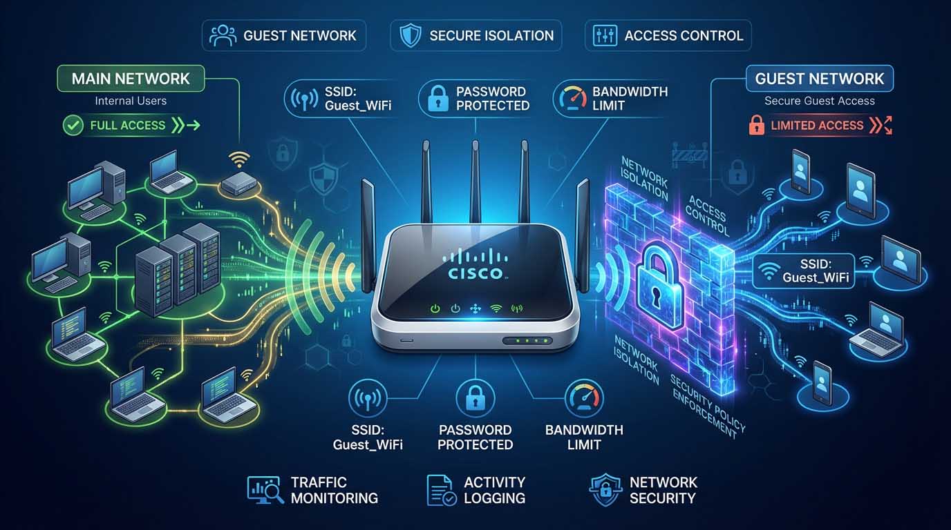 راهنمای جامع پیاده‌سازی Guest Network ایمن روی اکسس پوینت‌های Cisco، شامل طراحی VLAN و Multiple SSID، مدیریت پهنای باند، کنترل دسترسی کاربران مهمان و تضمین امنیت شبکه وایرلس سازمانی.