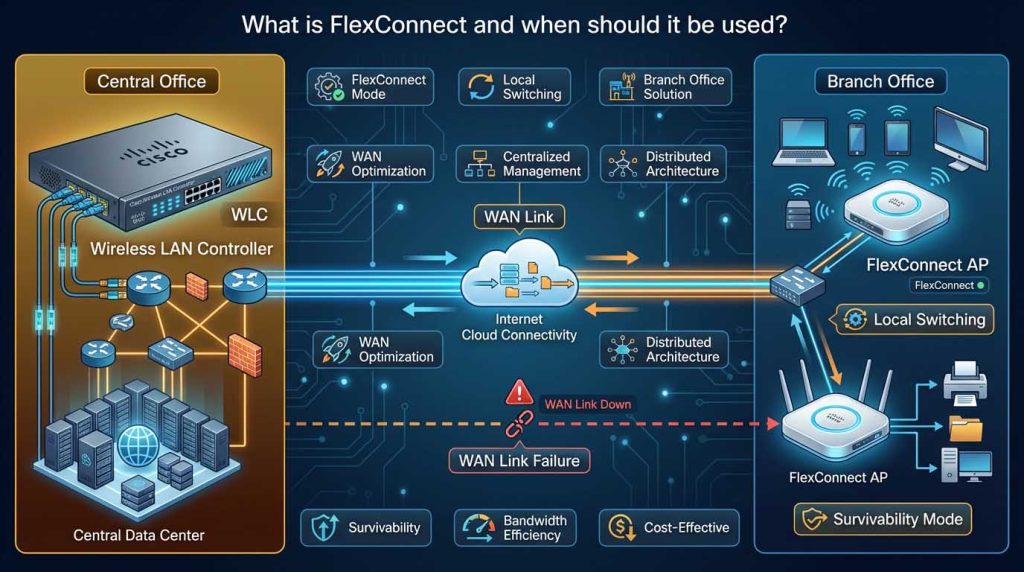 معرفی کامل FlexConnect سیسکو و کاربردهای آن، شامل عملکرد مستقل اکسس پوینتها، Local Switching، مدیریت VLAN و Multiple SSID، و زمان مناسب استفاده در شبکههای پراکنده و شعب سازمانی.