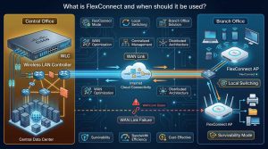 معرفی کامل FlexConnect سیسکو و کاربردهای آن، شامل عملکرد مستقل اکسس پوینتها، Local Switching، مدیریت VLAN و Multiple SSID، و زمان مناسب استفاده در شبکههای پراکنده و شعب سازمانی.