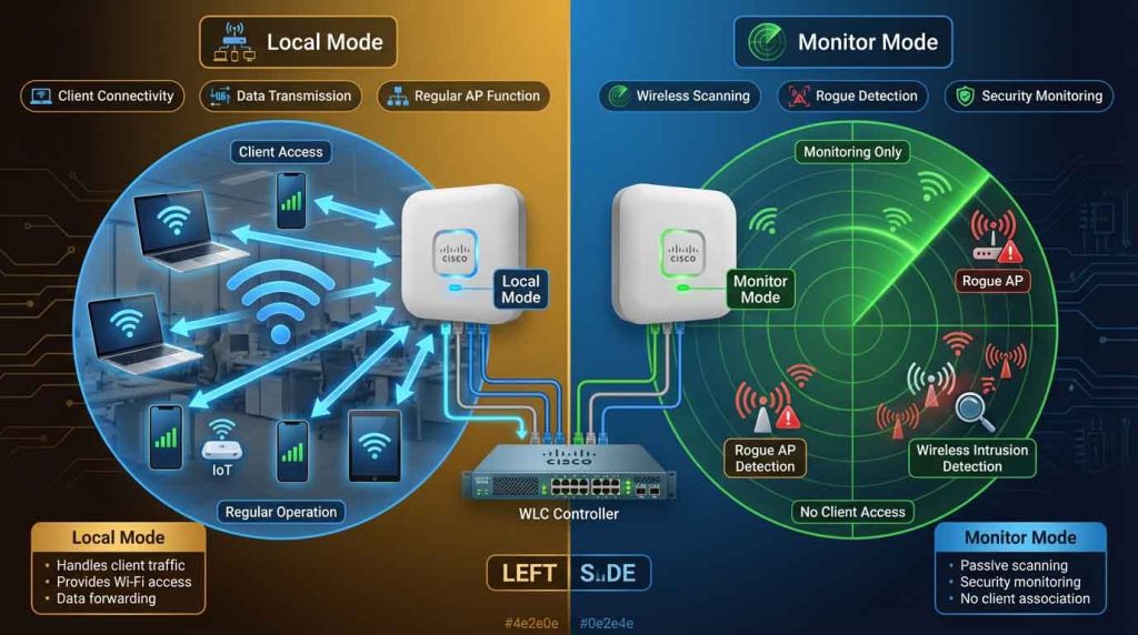 تفاوت بین Local Mode و Monitor Mode در اکسس پوینتهای Cisco WLC برای مدیریت شبکه وایرلس، شامل سرویسدهی مستقیم کاربران و پایش امنیتی و تحلیل محیط