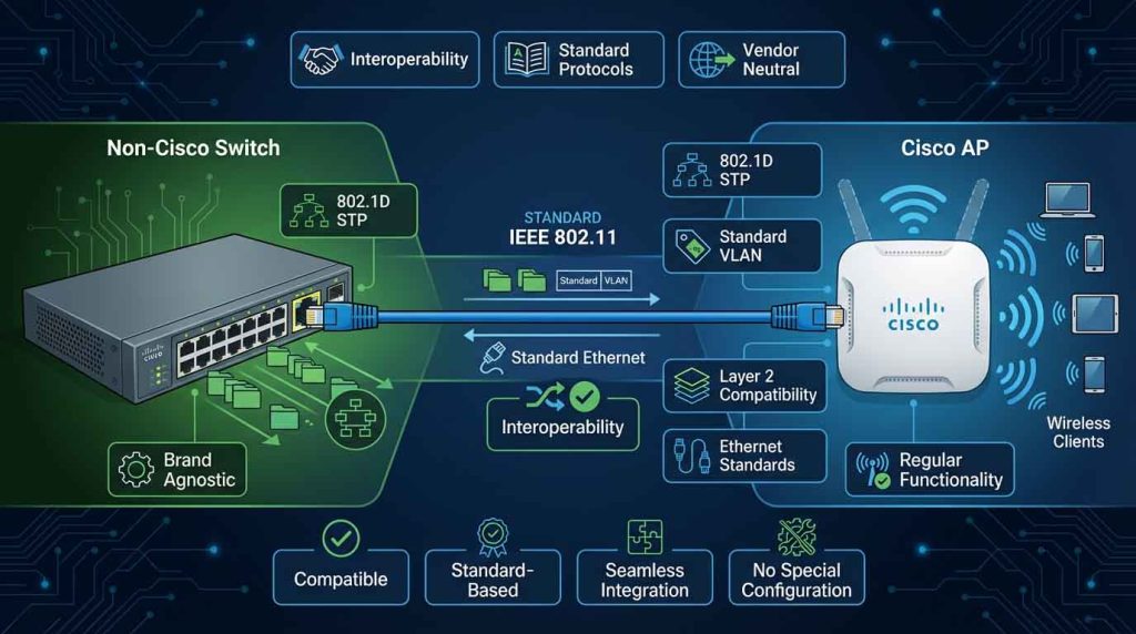 امکان اتصال اکسس پوینتهای Cisco به سوئیچهای غیرسیسکو با رعایت PoE، VLAN و هماهنگی با WLC برای شبکه وایرلس پایدار و امن.