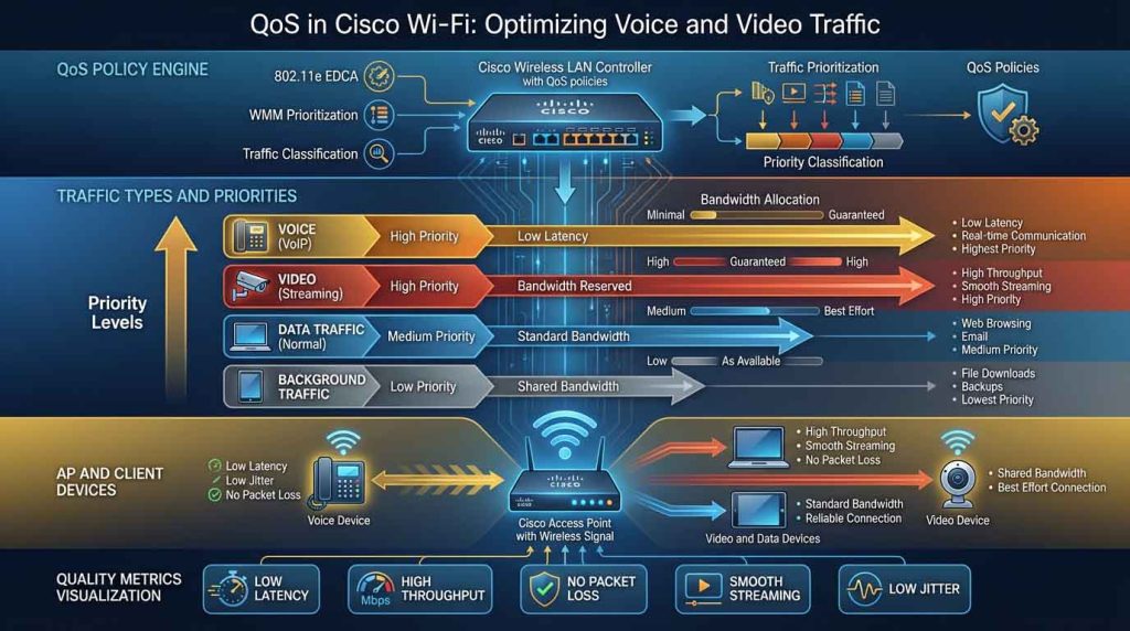 بررسی تأثیر QoS در شبکههای وایفای سیسکو بر سرویسهای Voice و Video، شامل مدیریت اولویت ترافیک، WMM، Queue Management، Admission Control، Bandwidth Reservation، کاهش تأخیر و Jitter و تضمین کیفیت تجربه کاربری در محیطهای پرتراکم