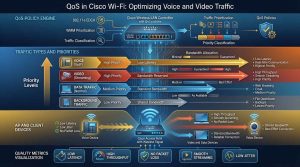 بررسی تأثیر QoS در شبکههای وایفای سیسکو بر سرویسهای Voice و Video، شامل مدیریت اولویت ترافیک، WMM، Queue Management، Admission Control، Bandwidth Reservation، کاهش تأخیر و Jitter و تضمین کیفیت تجربه کاربری در محیطهای پرتراکم