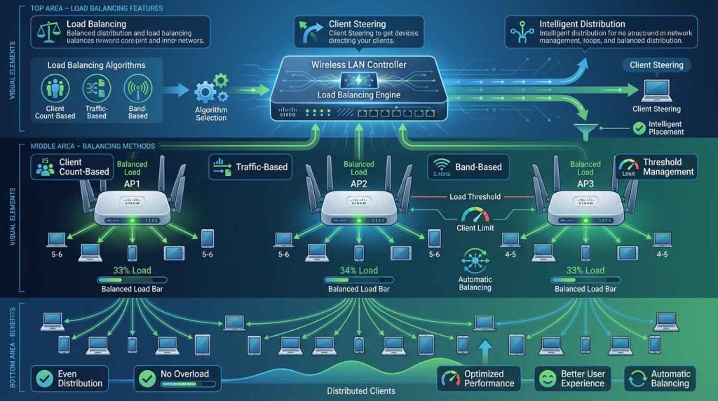 بررسی قابلیت Load Balancing در اکسس پوینتهای سیسکو شامل توزیع هوشمند کلاینتها، Band Steering، Client Load Balancing، مدیریت بار AP، نقش WLC، تضمین کیفیت Voice و Video و بهینهسازی عملکرد شبکههای وایفای سازمانی