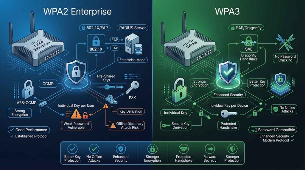 بررسی تفاوت WPA2 Enterprise و WPA3 در تجهیزات سیسکو از دید رمزنگاری، احراز هویت 802.1X، امنیت وایفای سازمانی