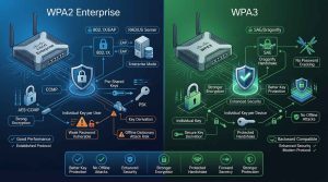 بررسی تفاوت WPA2 Enterprise و WPA3 در تجهیزات سیسکو از دید رمزنگاری، احراز هویت 802.1X، امنیت وایفای سازمانی