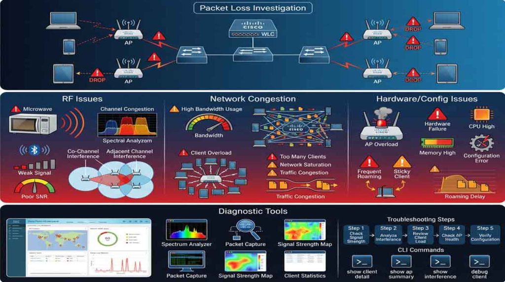 بررسی علت Packet Loss در شبکههای وایرلس سیسکو، شامل منابع محیطی، کانالبندی APها، عملکرد تجهیزات و ابزارهای تخصصی