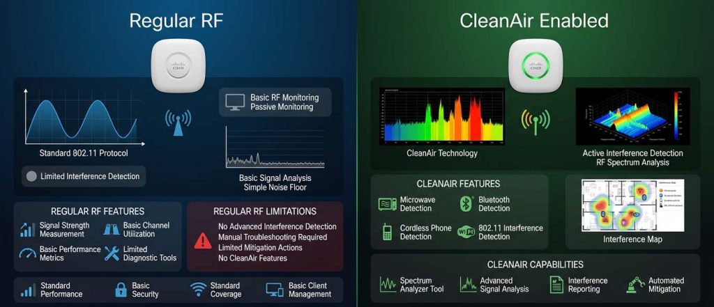 مقایسه فناوری Cisco CleanAir با RF معمولی در اکسس پوینتهای سیسکو، شامل شناسایی منابع تداخل داخلی و خارجی، تحلیل طیف فرکانسی، مدیریت پویا کانالها و اثرات بر Packet Loss و کیفیت شبکه