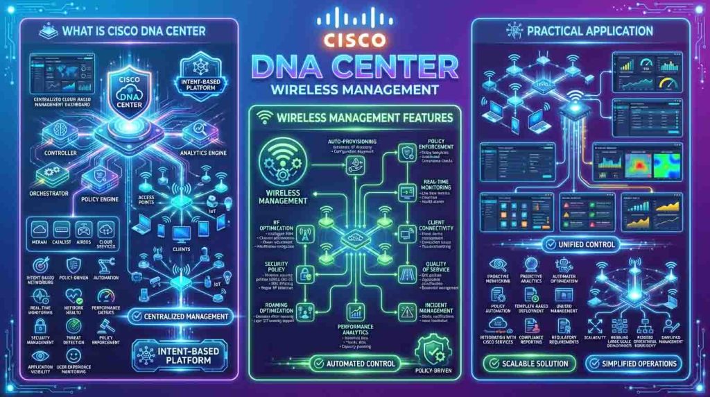 نقش Cisco DNA Center در مدیریت شبکه وایرلس سازمانی، شامل جمعآوری و تحلیل دادههای لحظهای و تاریخی، شناسایی منابع تداخل، بهینهسازی کانالها و توان خروجی APها
