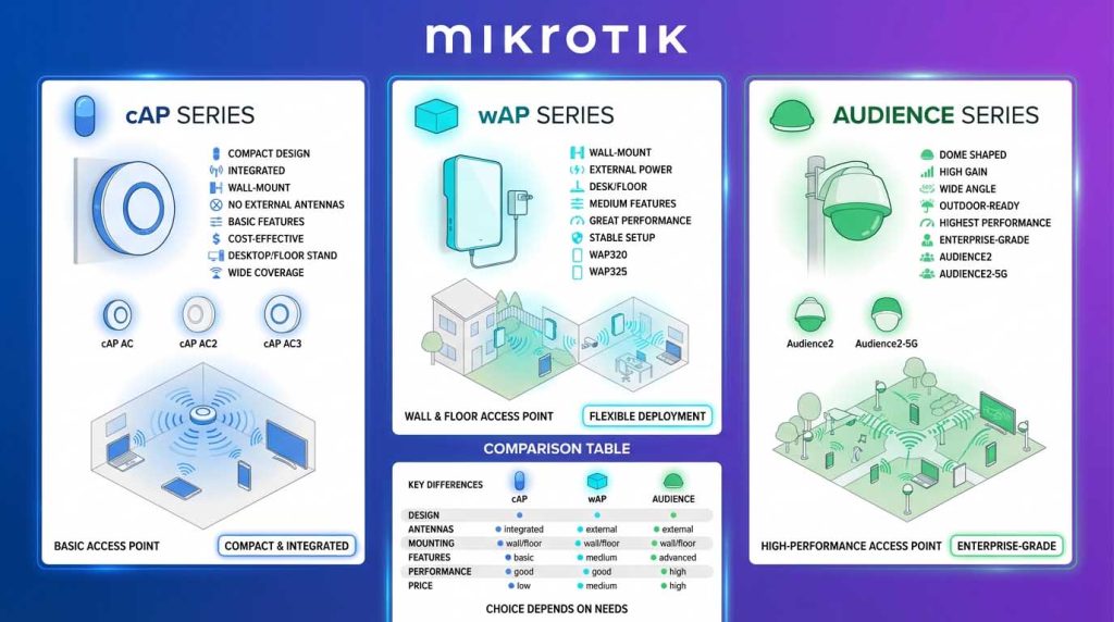 تفاوت فنی و کاربردی سریهای cAP، wAP و Audience در MikroTik