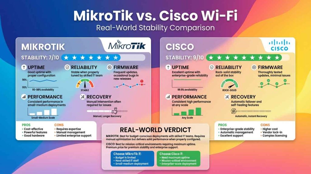 مقایسه پایداری واقعی وایفای MikroTik و Cisco