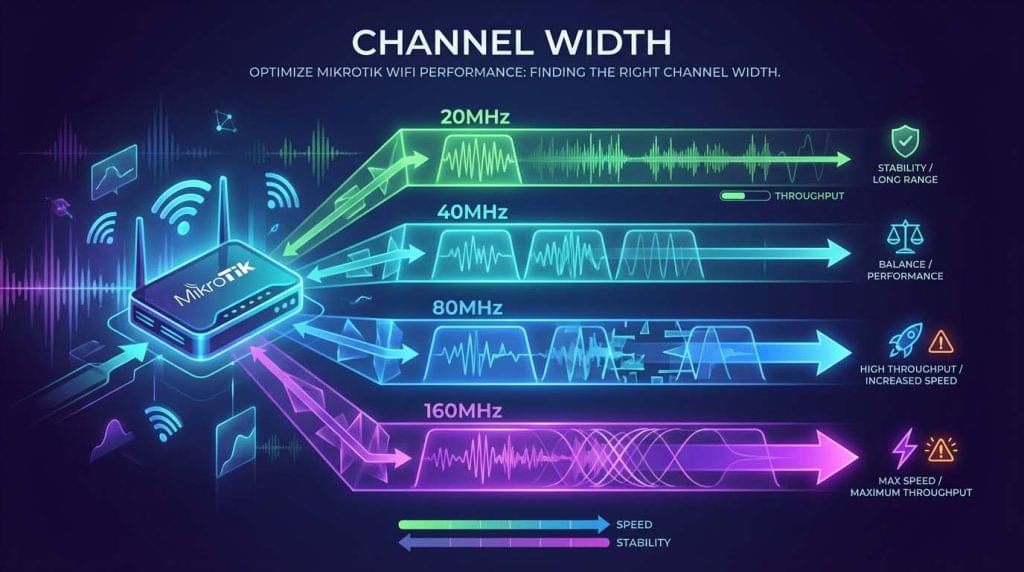 راهنمای انتخاب بهترین پهنای کانال (Channel Width) برای وایفای پایدار در MikroTik