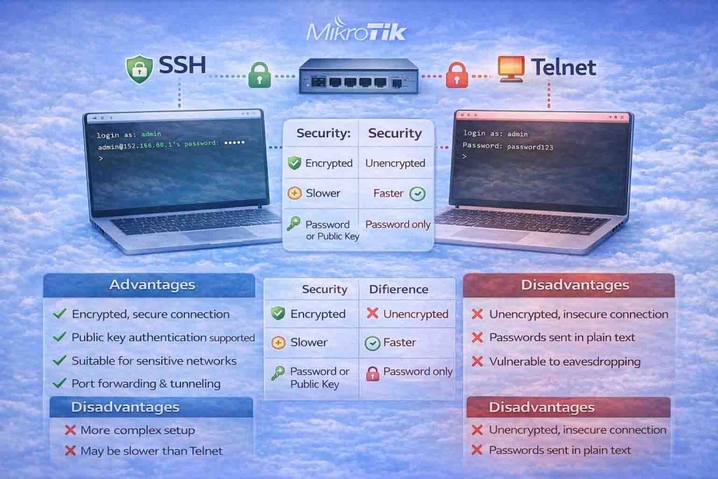 نمودار دیجیتال که تفاوت‌ها و مقایسه‌های میان پروتکل‌های SSH و Telnet در RouterOS را نشان می‌دهد، شامل ویژگی‌ها، مزایا و معایب هرکدام.