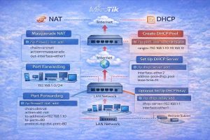 نمودار دیجیتال که مراحل تنظیم NAT و DHCP در روترهای میکروتیک را نشان میدهد، شامل فرآیندهای مختلف تنظیم NAT، ایجاد DHCP Pool، تنظیم DHCP Server و Masquerading.