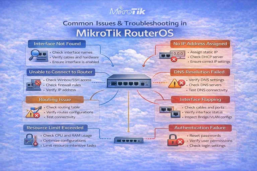 اینفوگرافیک نمایش‌دهنده خطاهای رایج در MikroTik RouterOS، شامل مشکلات مربوط به رابط‌ها، DHCP، NAT و مسیریابی، همراه با راه‌حل‌ها و نکات عیب‌یابی.